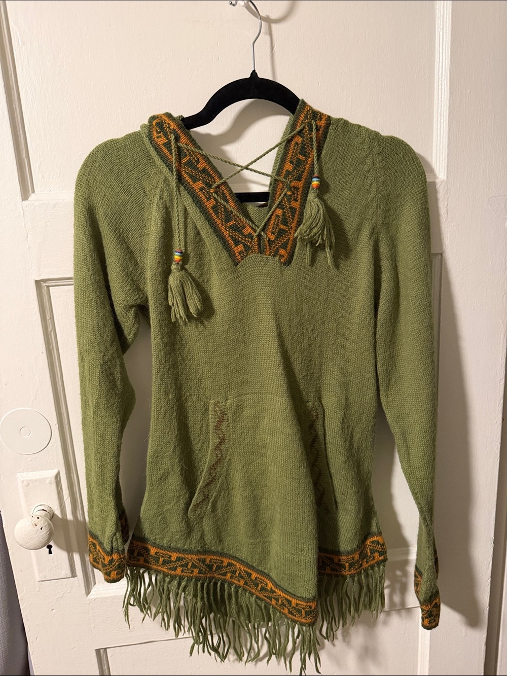 Women’s The Fine Handmade Alpaca Wool Olive Knit Sweater Fringe Tassels Large